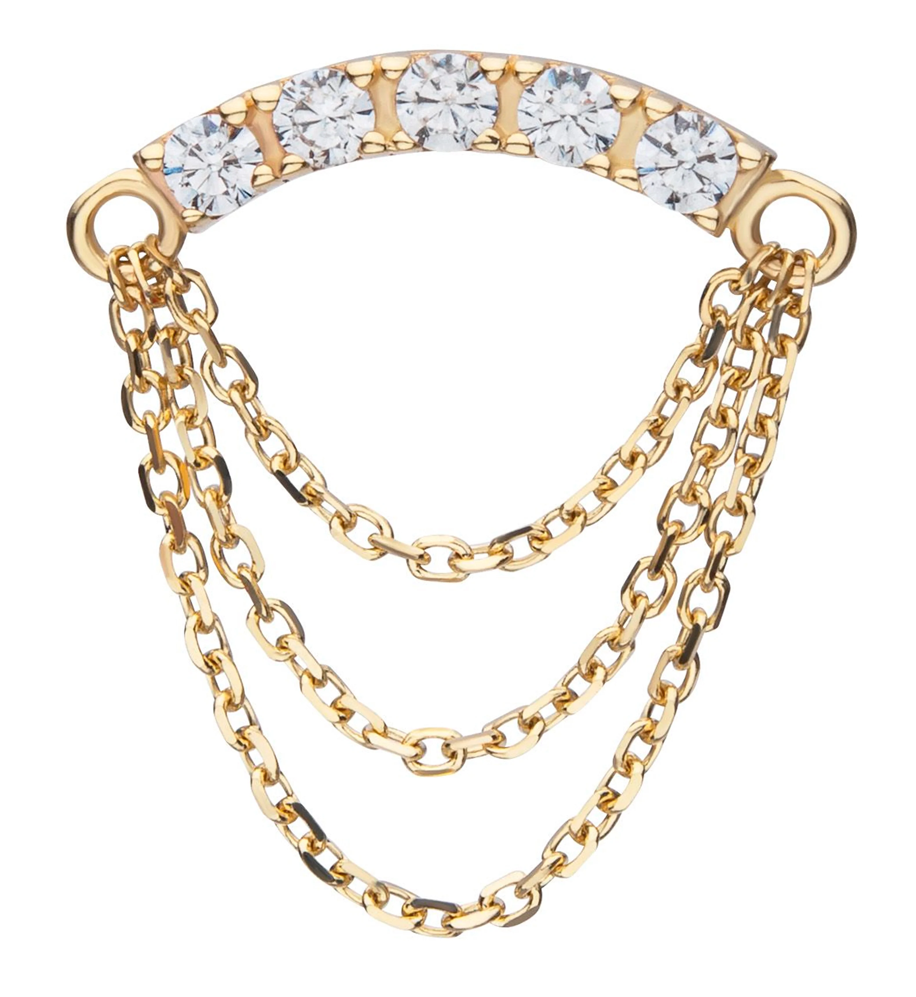 14kt Gold Arch Clear CZ Triple Dangle Chain Threadless Top - Mrs Treak