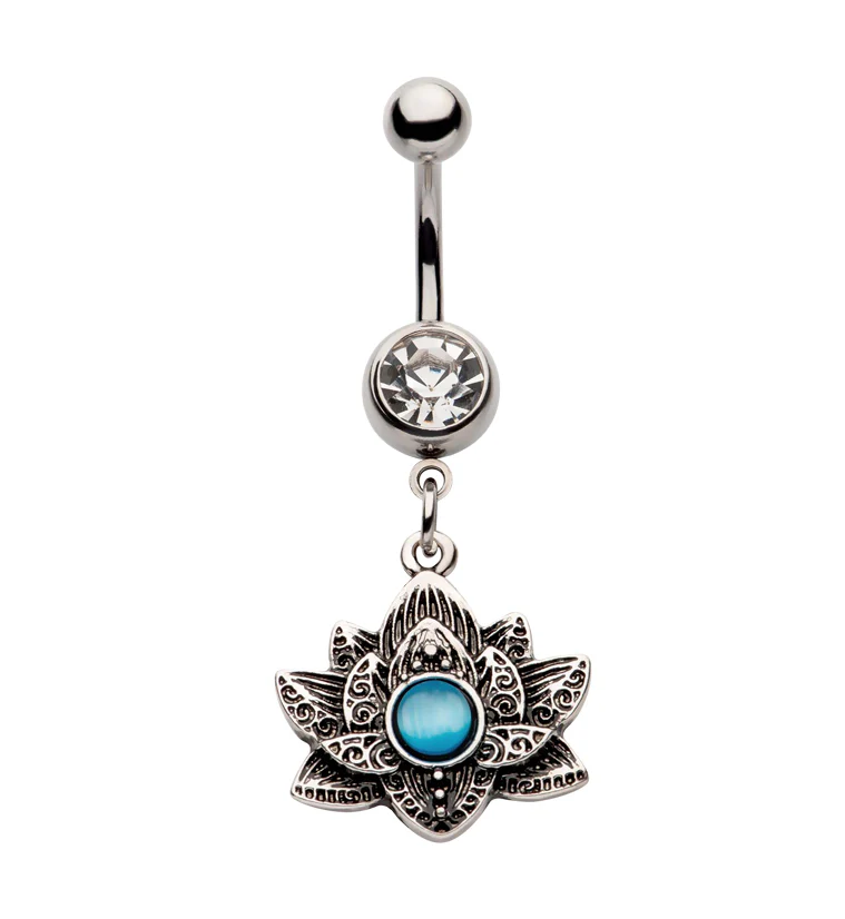 Blue Cat's Eye Lotus Flower Clear CZ Stainless Steel Belly Button Ring - Mrs Treak