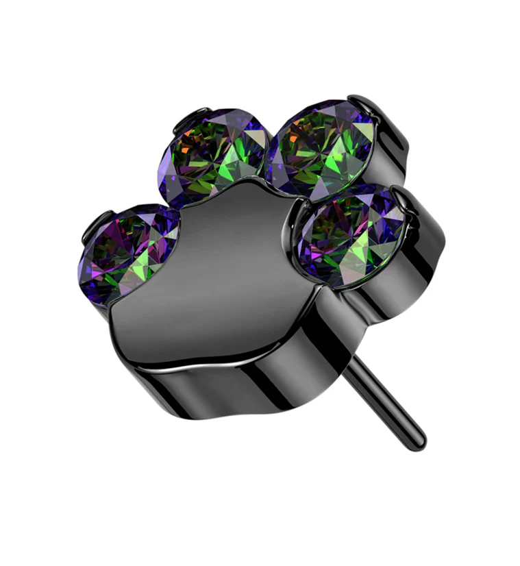 Black PVD Paw Print Black Aurora CZ Titanium Threadless Top - Mrs Treak