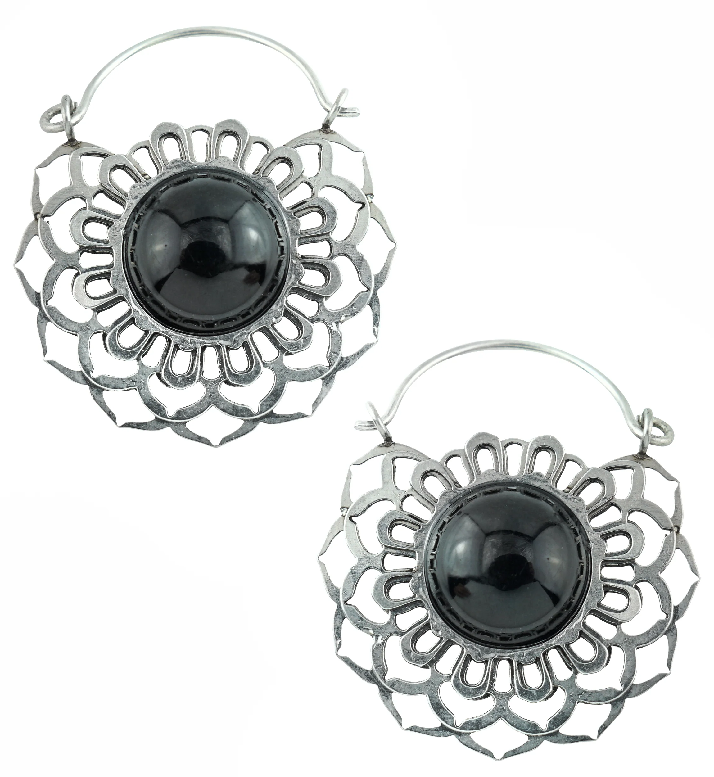 Floral Black Onyx Stone Inlay Stainless Steel Earrings - Mrs Treak