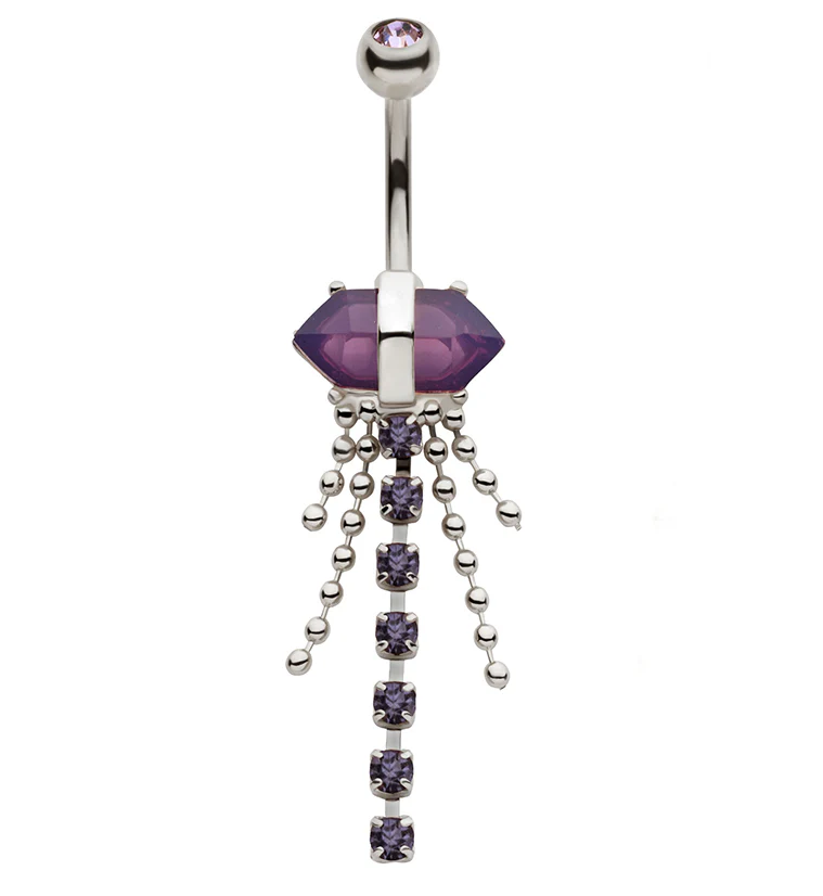 Amethyst Crystal Bead Chain Stainless Steel Belly Button Ring - Mrs Treak