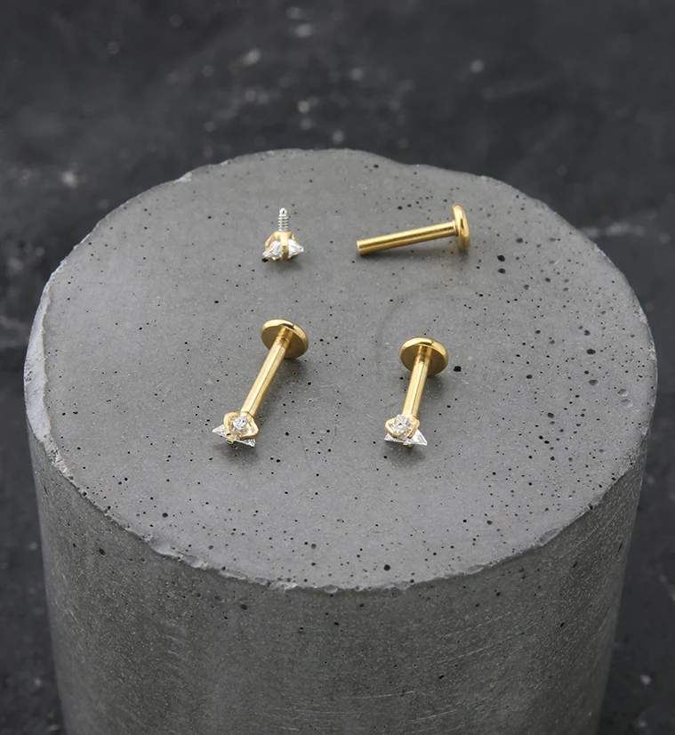 Gold PVD Triangle Clear CZ Stainless Steel Internally Threaded Labret - Mrs Treak