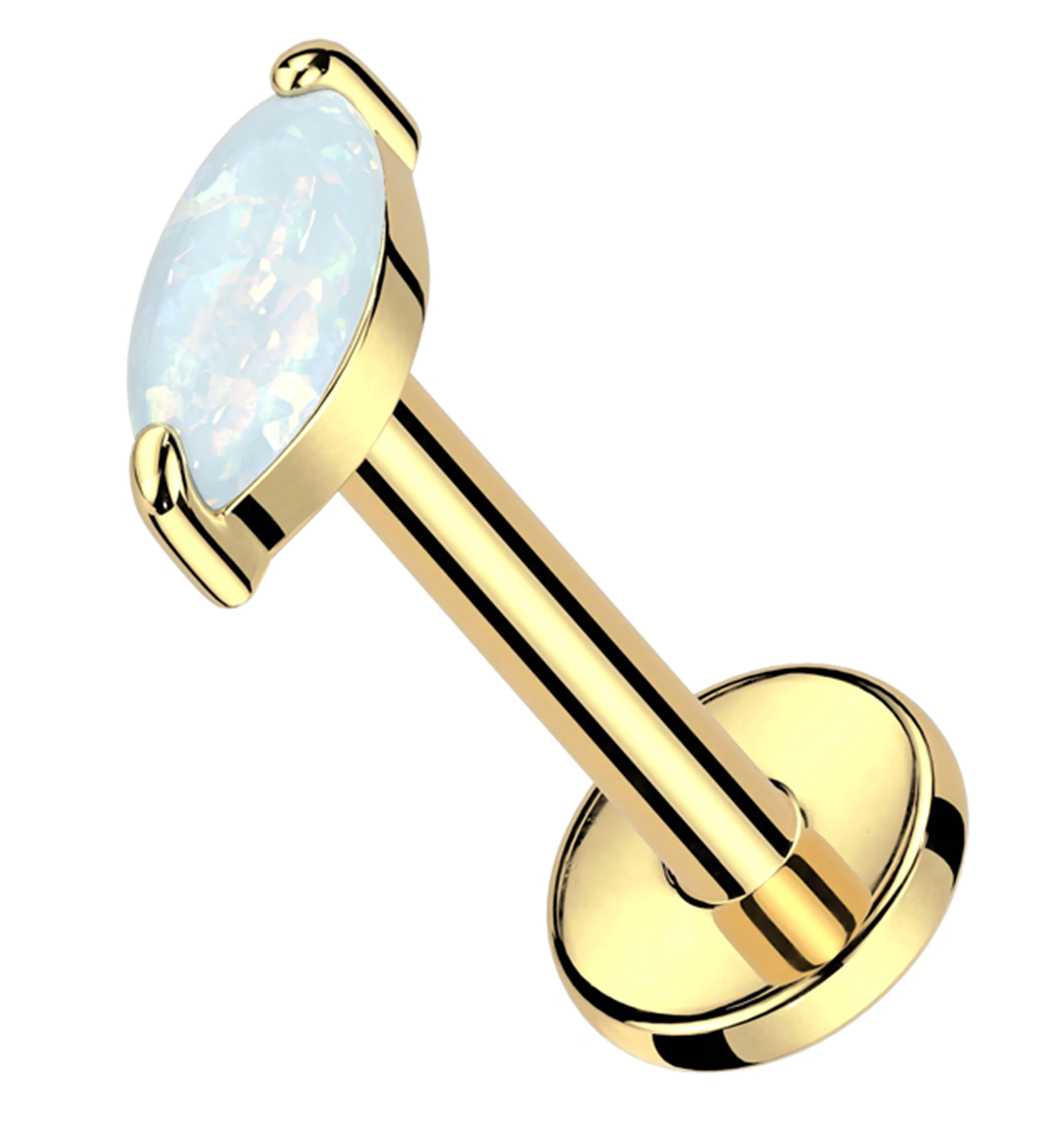 Gold PVD Marquise White Opalite Internally Threaded Titanium Labret - Mrs Treak