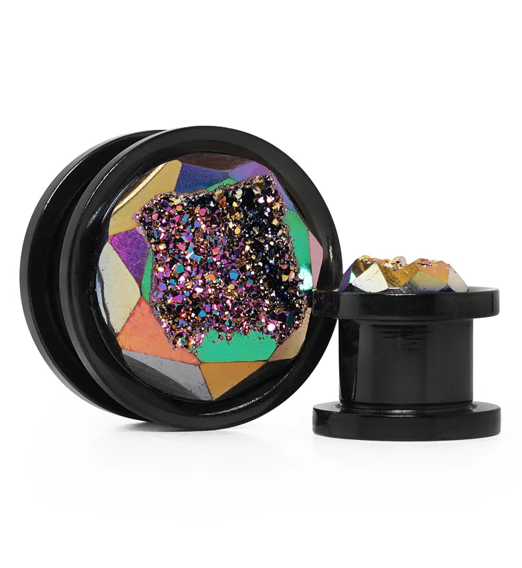 Black PVD Rainbow Druzy Stone Stainless Steel Screw Back Tunnels - Mrs Treak
