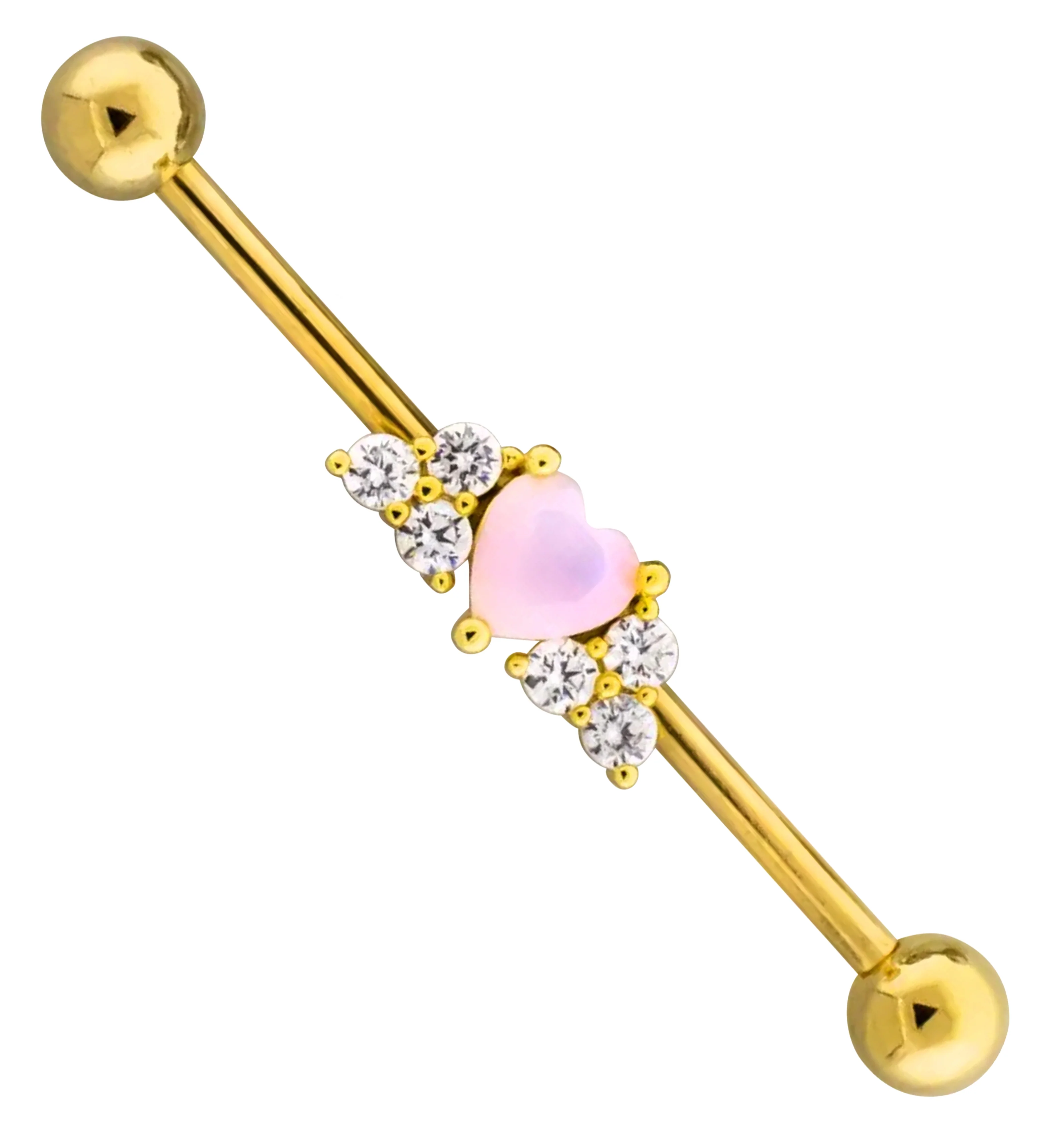 Gold PVD Pink Heart Clear CZ Stainless Steel Industrial Barbell - Mrs Treak