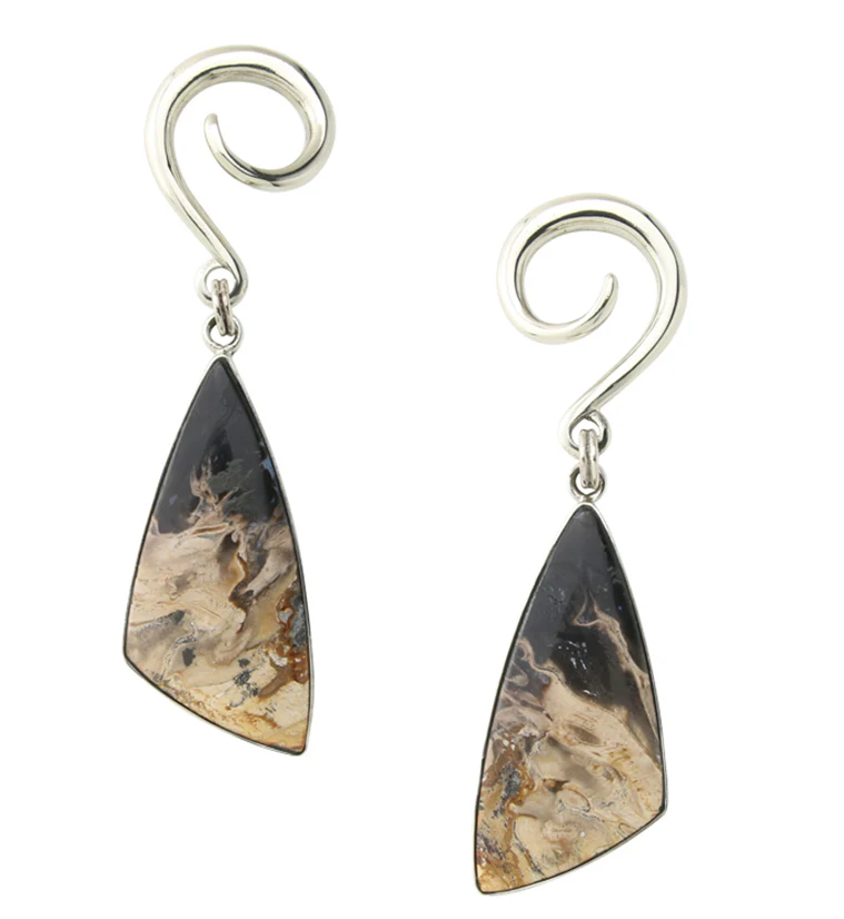 Black Flame Petrified Palm Root Stone White Brass Ear Weights Version 4 - Mrs Treak