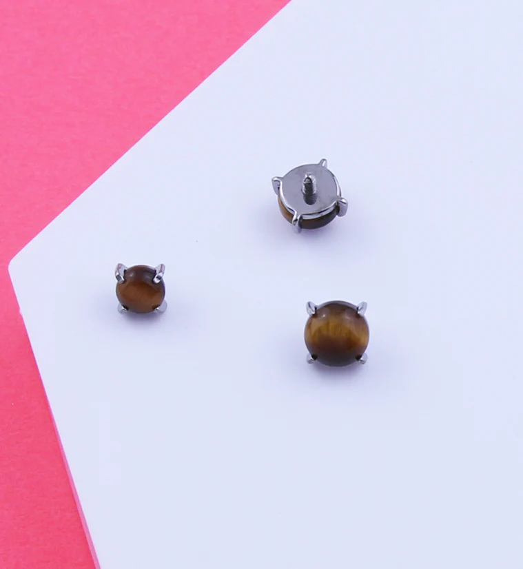 Prong Set Tiger Eye Stone Titanium Internally Threaded Top - Mrs Treak