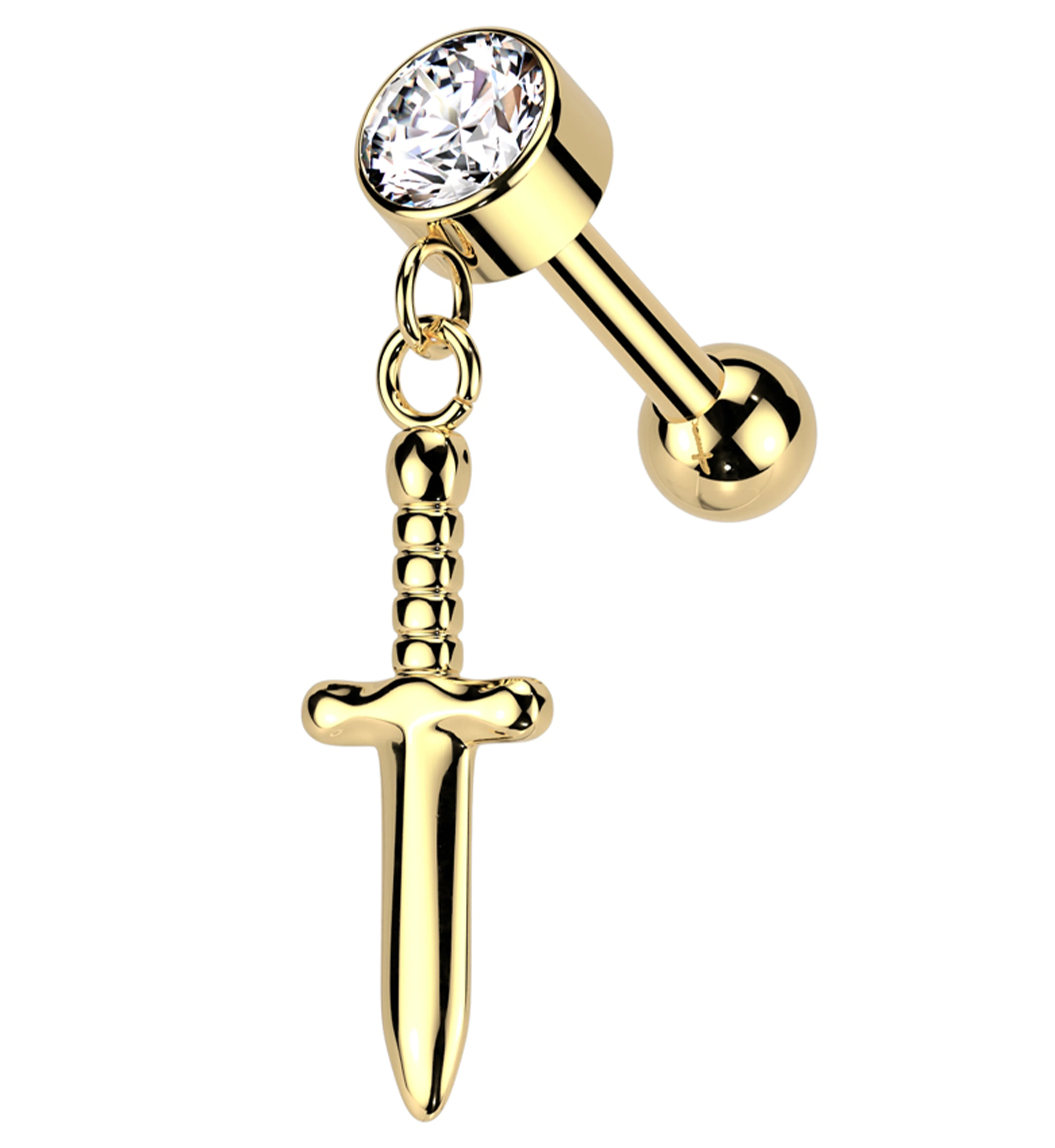 Gold PVD Dangling Dagger Clear CZ Threadless Titanium Cartilage Barbell - Mrs Treak