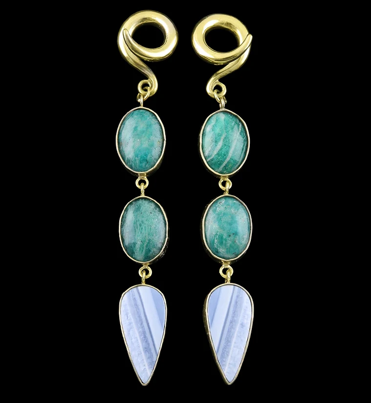 Double Amazonite X Blue Lace Agate Stone Ear Weights - Mrs Treak