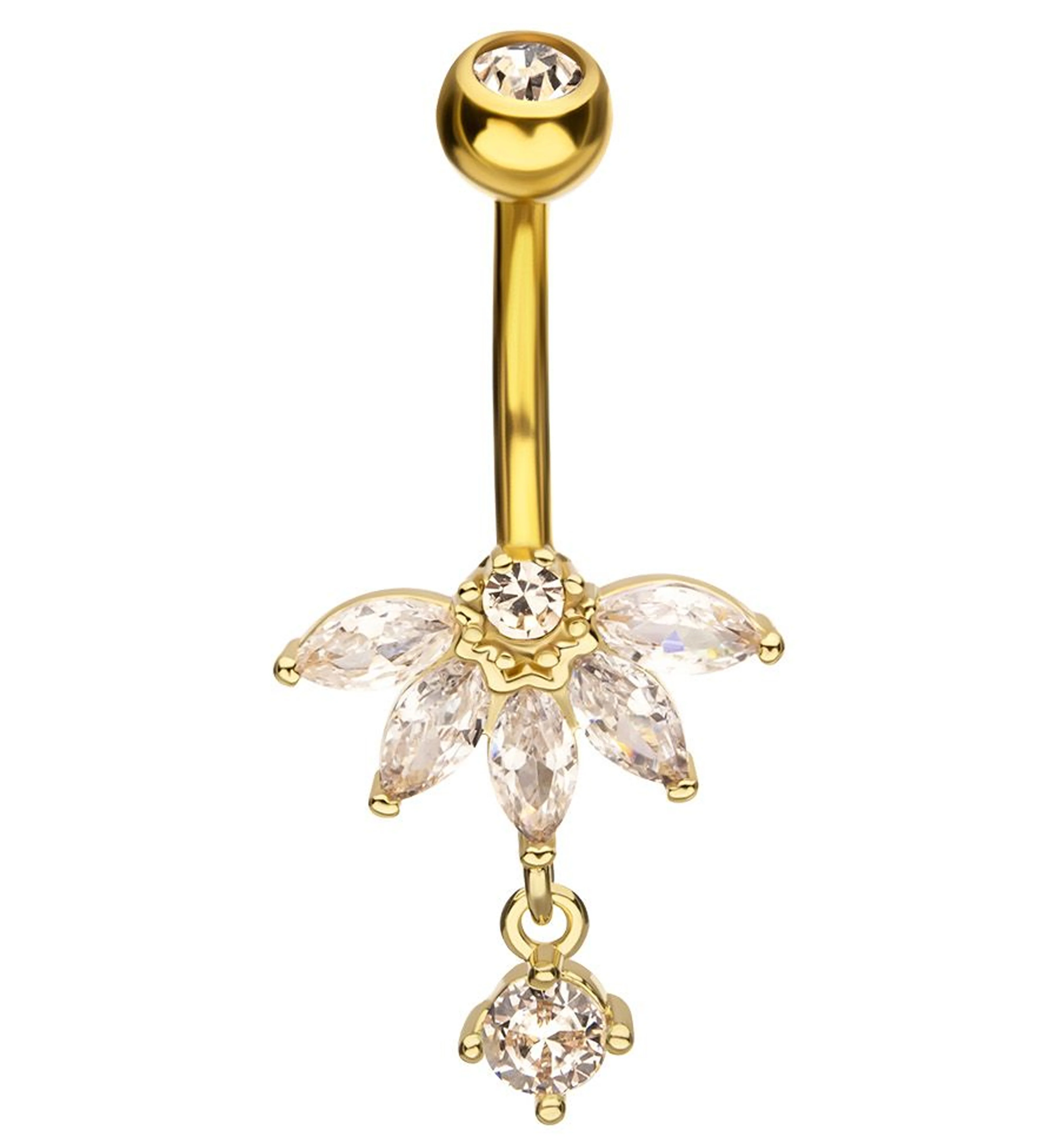 Gold PVD Half Flower Clear CZ Dangle Stainless Steel Belly Button Ring - Mrs Treak