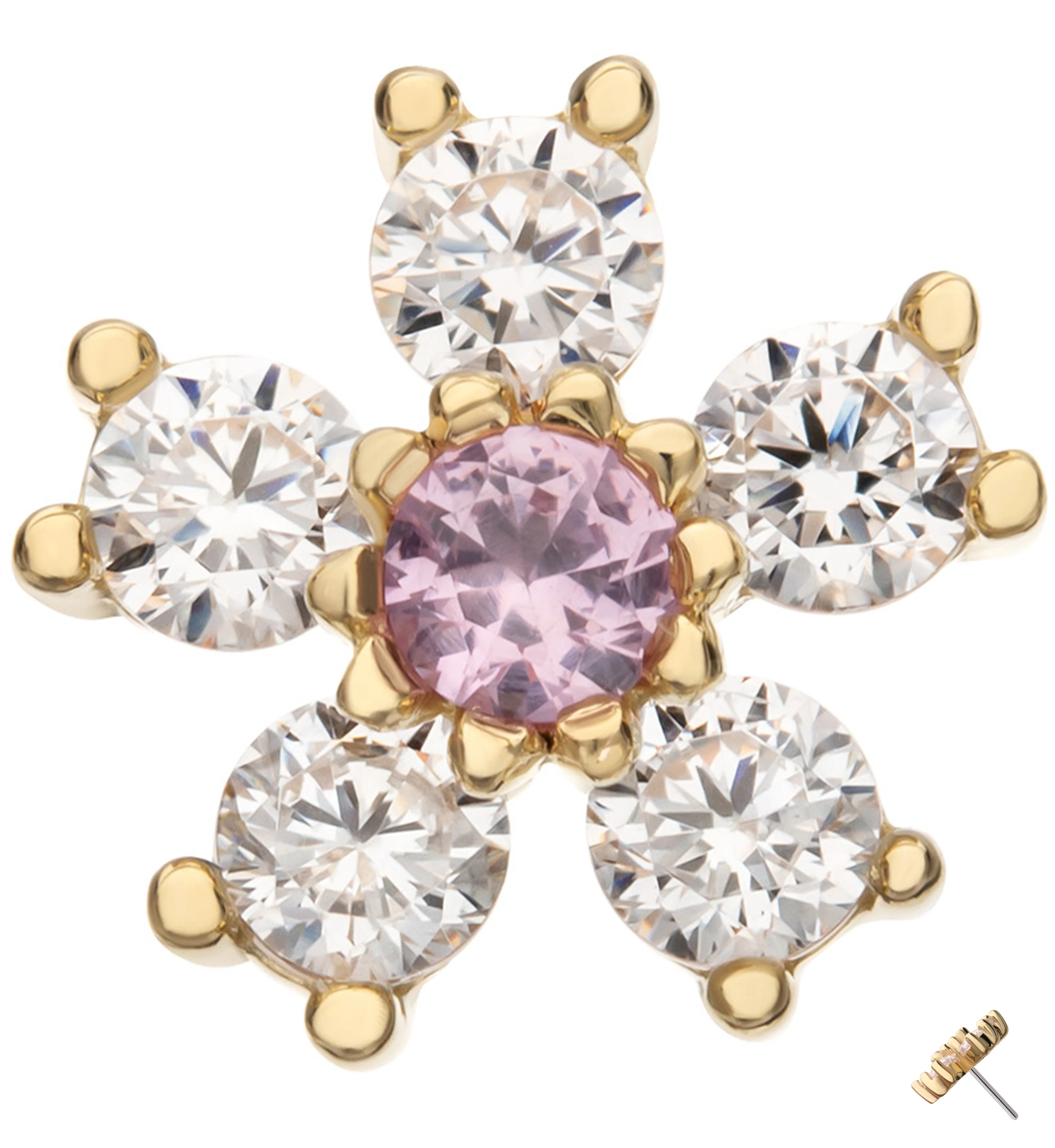 14kt Gold Floral Blossom Beaded Clear And Pink CZ Threadless Top - Mrs Treak