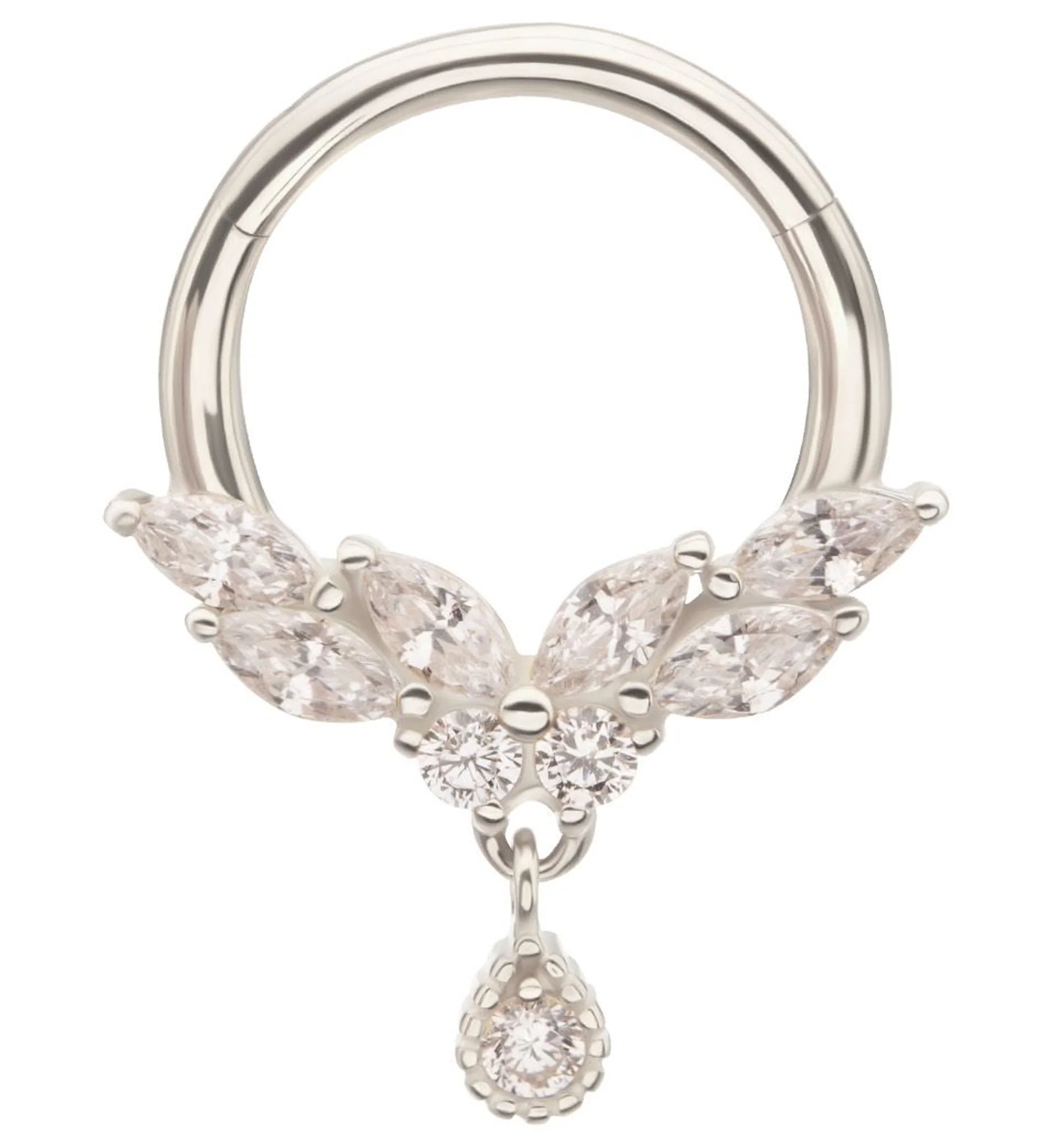 14kt White Gold Butterfly Teardrop Dangle Clear CZ Hinged Segment Ring - Mrs Treak