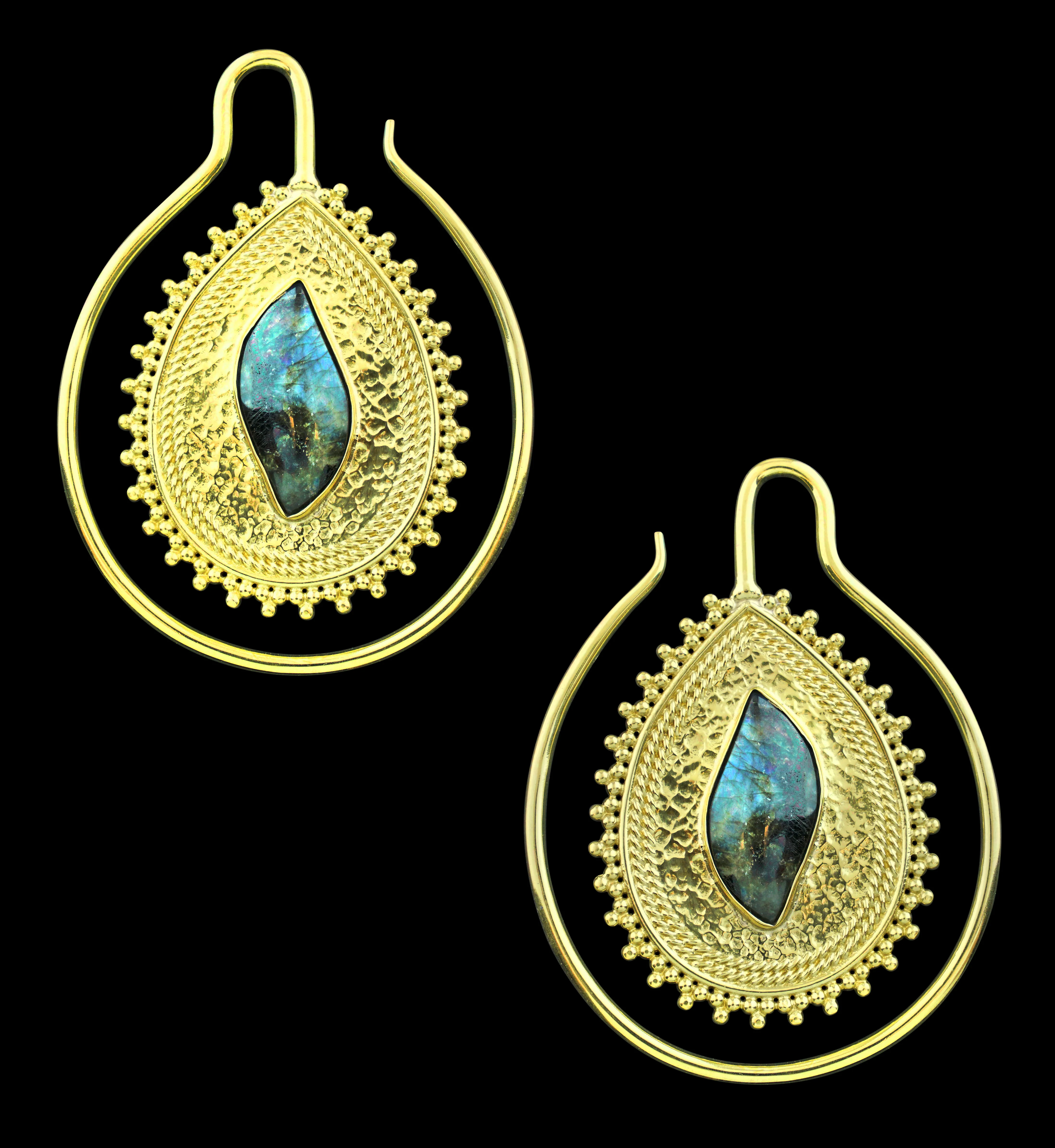 Ornamented Labradorite Stone Inlay Brass Ear Weights - Mrs Treak