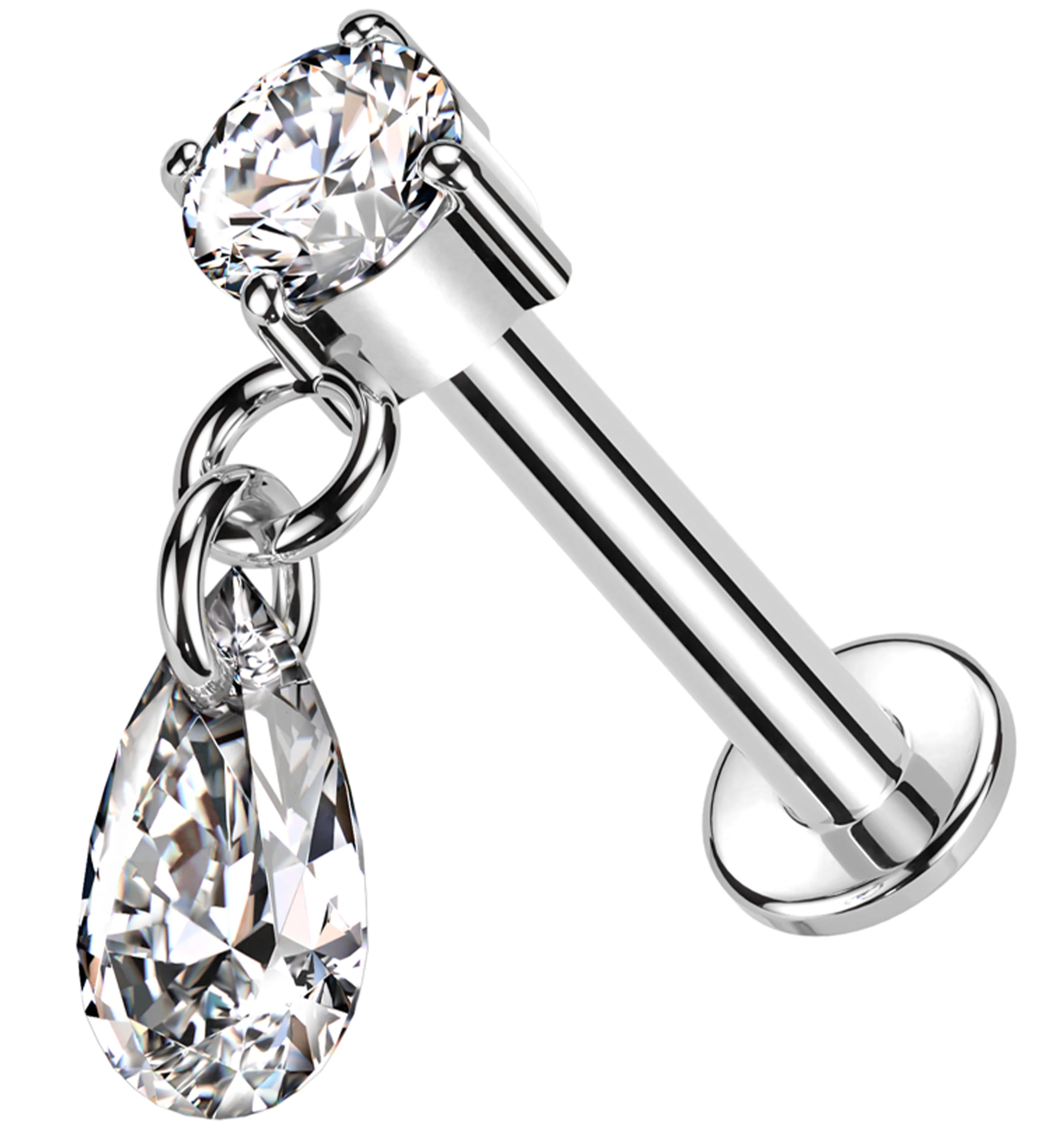 14kt White Gold Teardrop Dangle Clear CZ Internally Threaded Labret - Mrs Treak