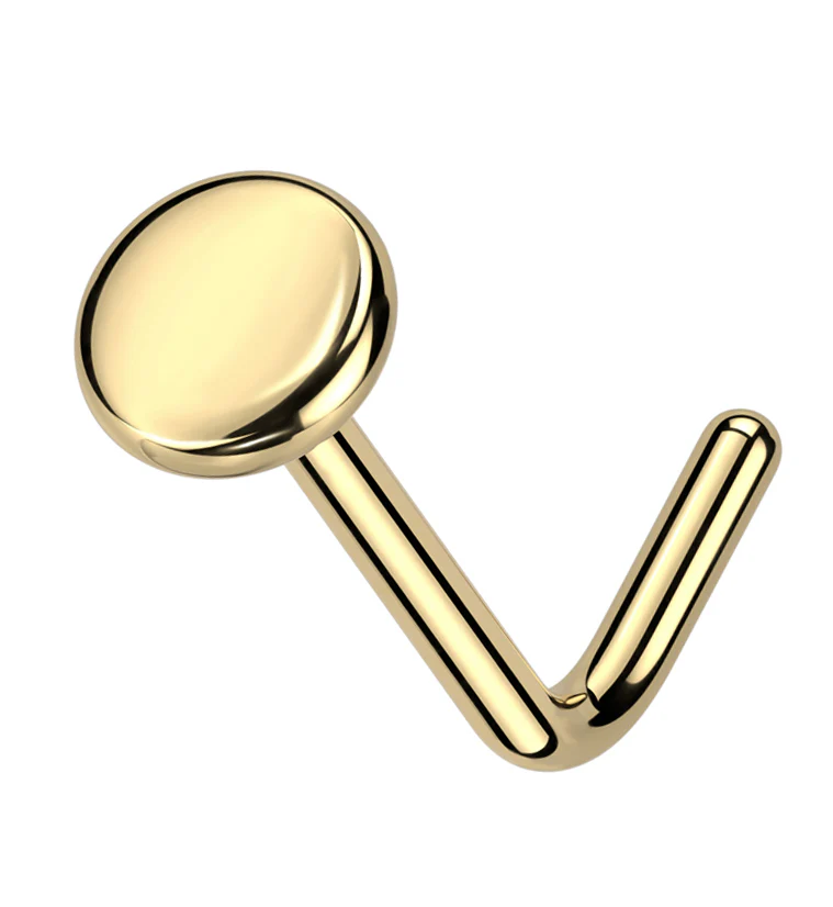 Gold PVD Flat Disk Top L Bend Titanium Nose Ring - Mrs Treak