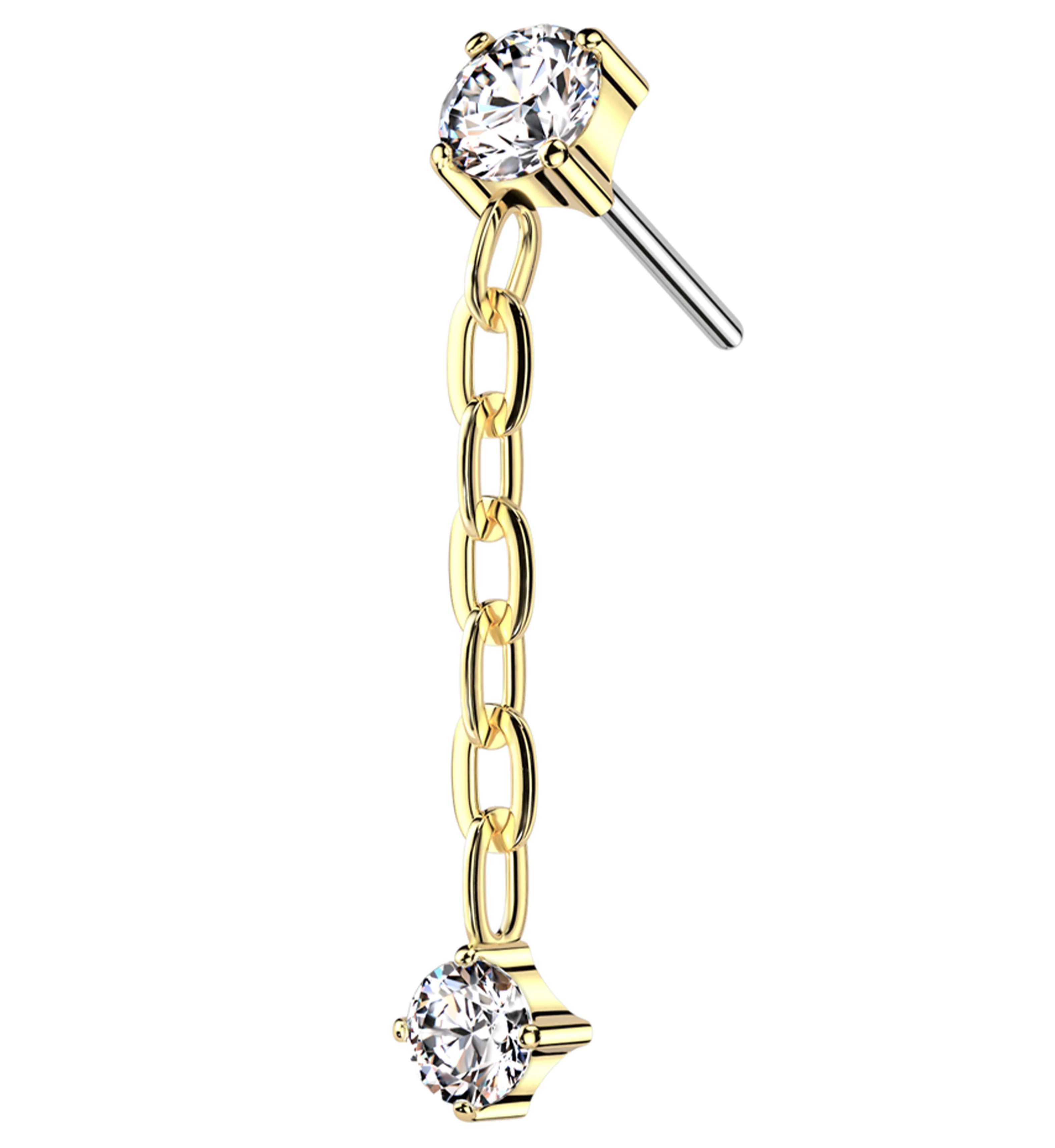 Gold PVD Clear CZ Dangle Chain Titanium Threadless Top - Mrs Treak