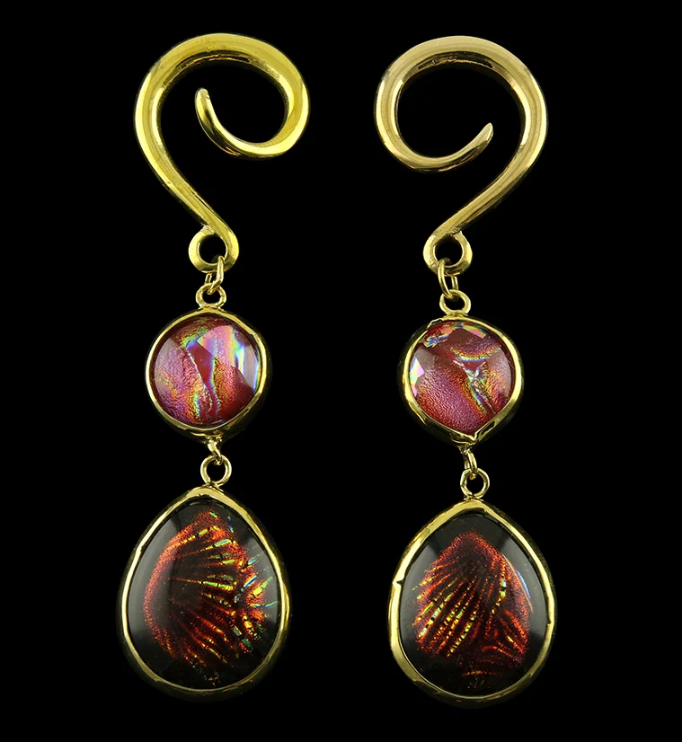 Firework Double Teardrop Dichroic Glass Brass Ear Weights - Mrs Treak