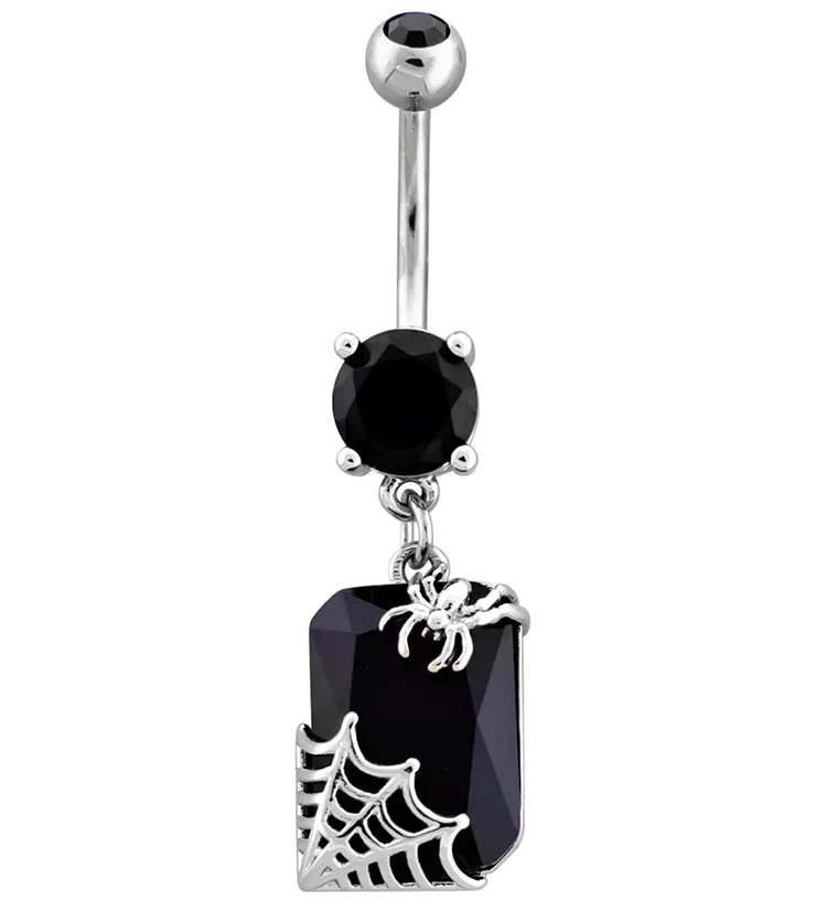 Spider And Web Black CZ Stainless Steel Belly Button Ring - Mrs Treak