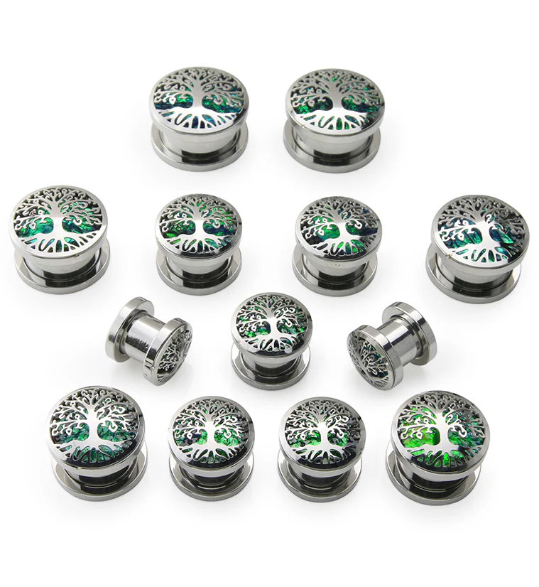Tree Of Life Green Opalite Stainless Steel Screw Back Tunnel Plugs - Mrs Treak