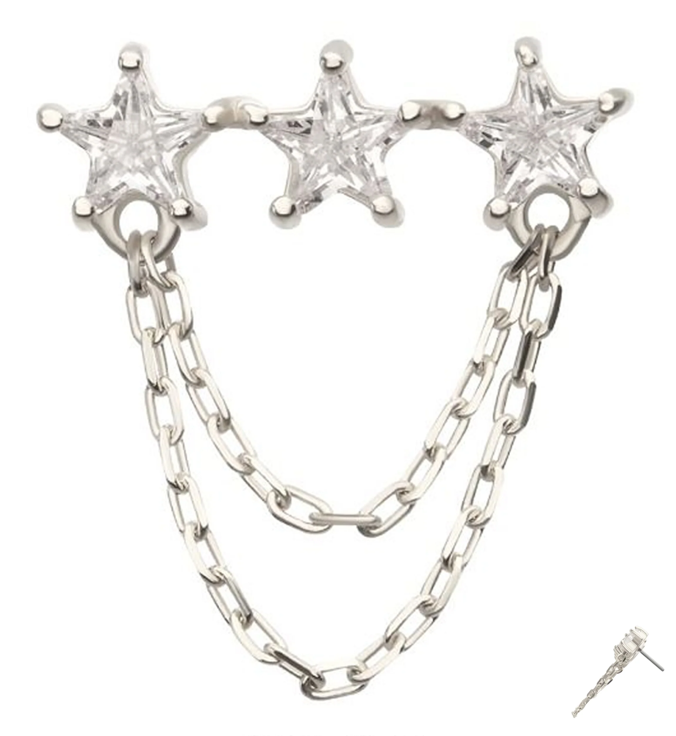 14kt White Gold Triple Star Clear CZ Dual Dangle Chain Threadless Top - Mrs Treak