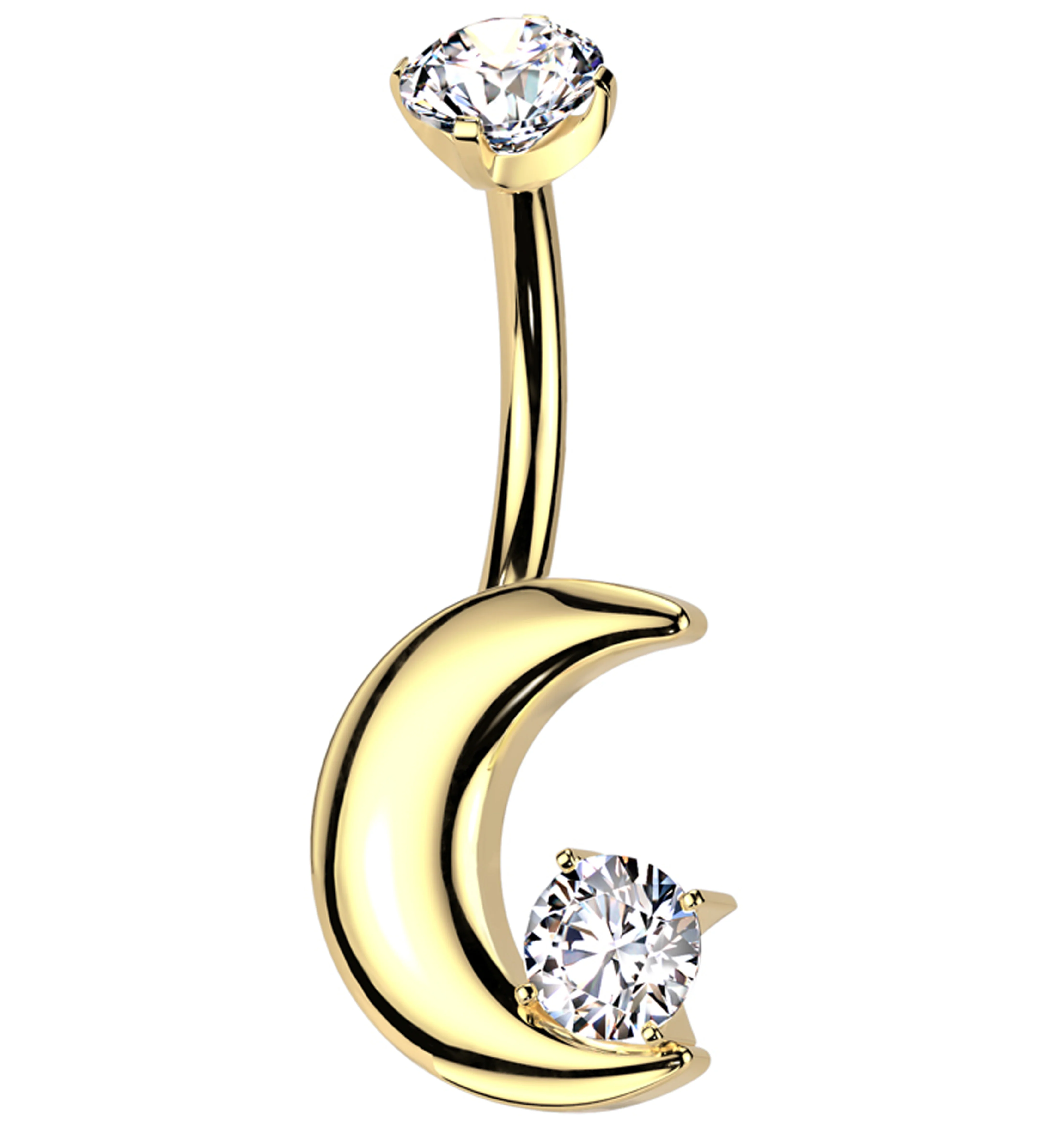 Gold PVD Thick Crescent Clear CZ Titanium Internally Threaded Belly Button Ring - Mrs Treak