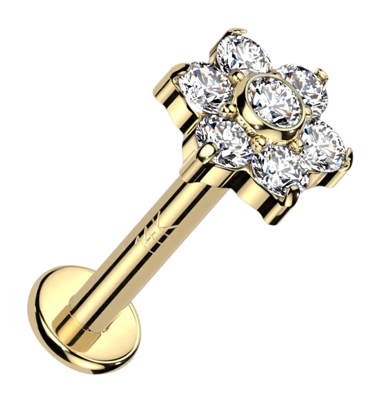 14kt Gold Flower CZ Internally Threaded Labret - Mrs Treak
