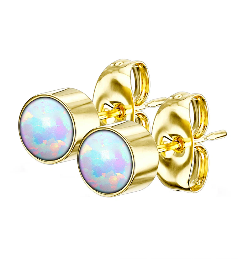 Gold PVD Bezel White Opalite Stainless Steel Earrings - Mrs Treak