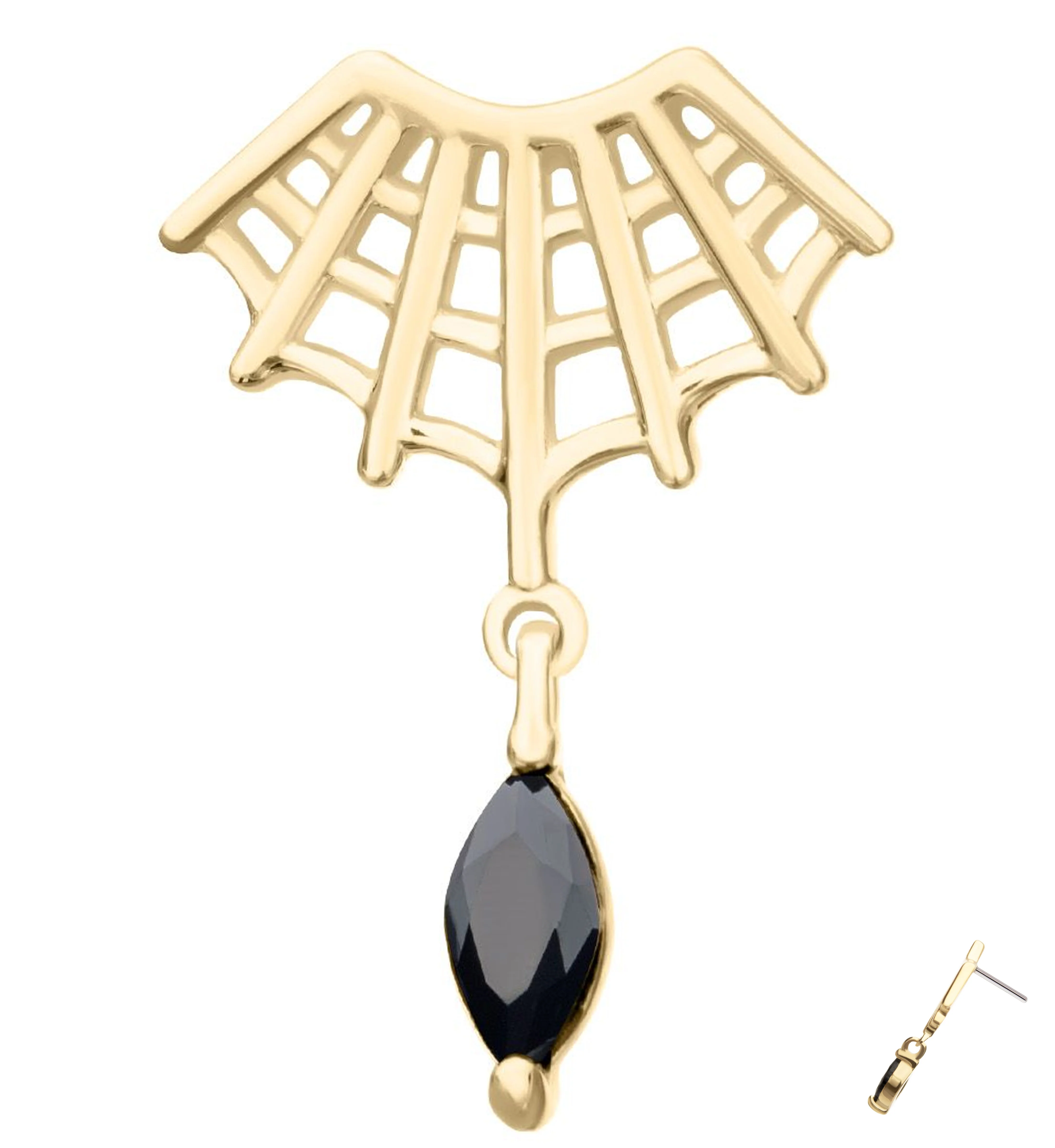 14kt Gold Corner Spiderweb Black CZ Threadless Top - Mrs Treak
