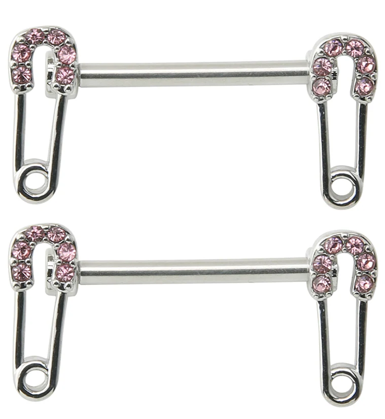 Safety Pin Pink CZ Stainless Steel Nipple Barbell - Mrs Treak