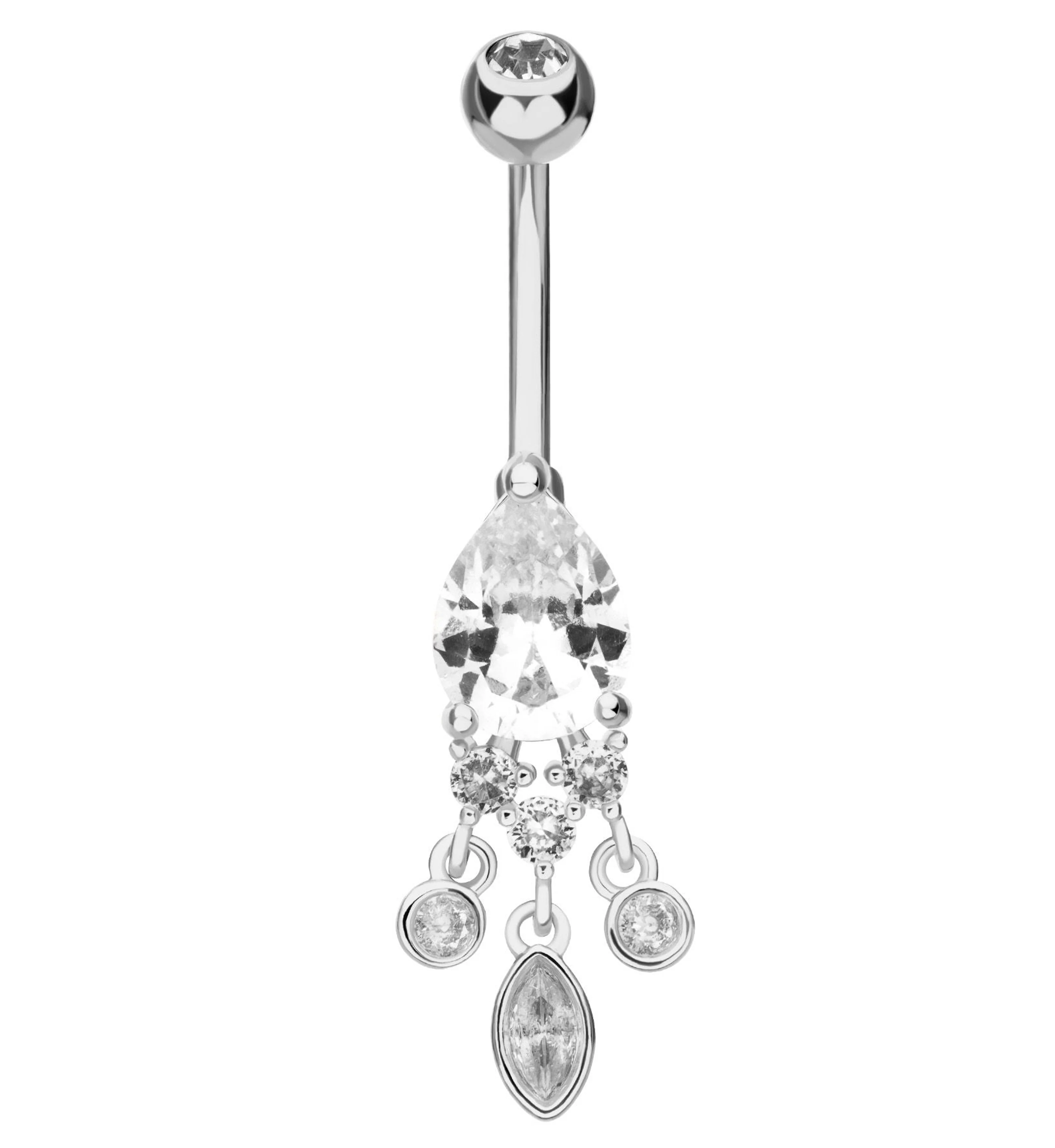Teardrop Clear CZ Triple Dangle Stainless Steel Belly Button Ring - Mrs Treak