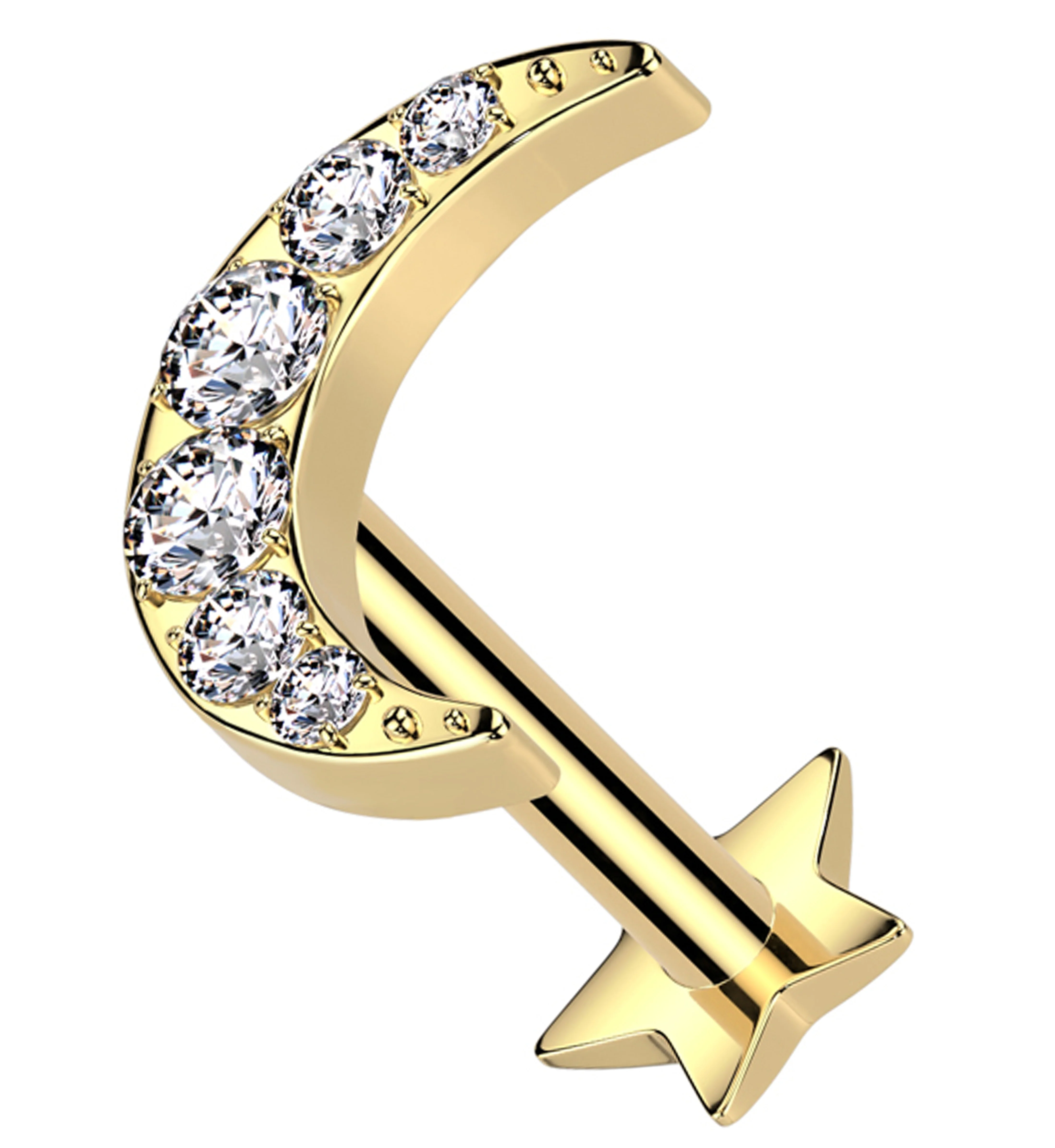 Gold PVD Half Moon Clear CZ Star Back Titanium Threadless Labret - Mrs Treak
