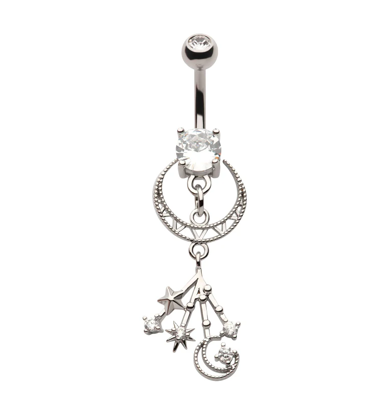 Celestial Crescent Moon Dangle Charm Clear CZ Stainless Steel Belly Button Ring - Mrs Treak