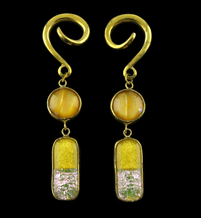 Summertime Double Oblong Dichroic Glass Brass Ear Weights - Mrs Treak
