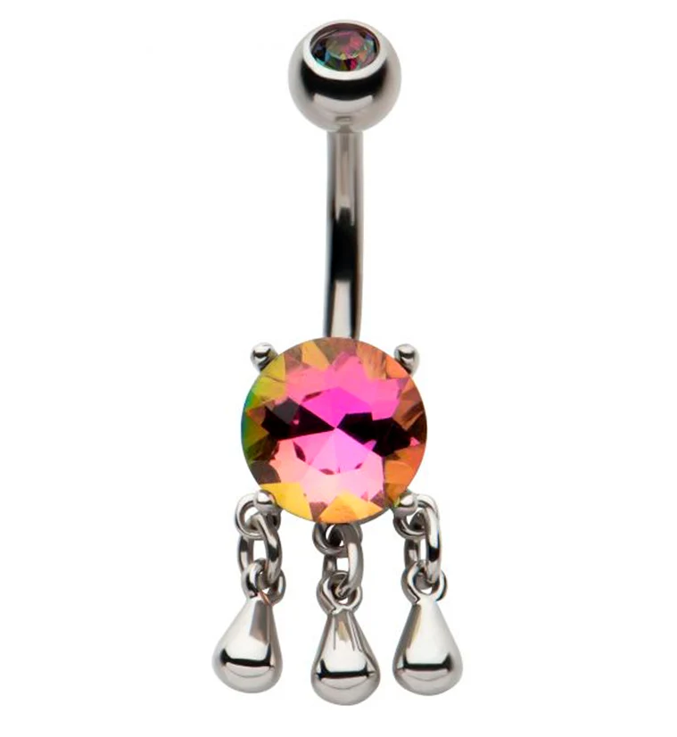 Round Black Aurora CZ Dangle Drops Stainless Steel Belly Button Ring - Mrs Treak