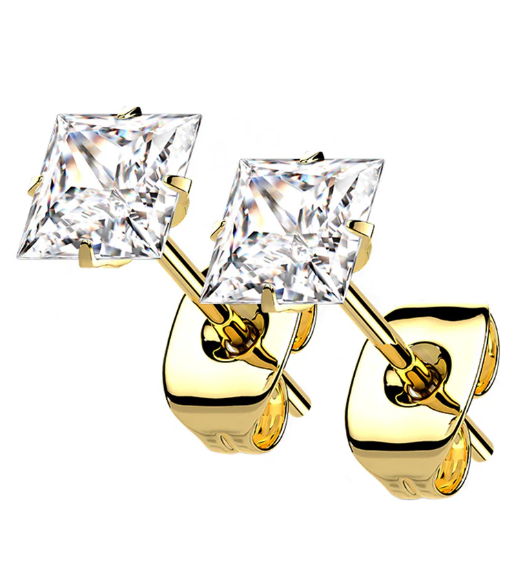 Gold PVD Square Prong CZ Titanium Earrings - Mrs Treak