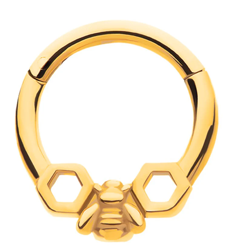 Gold PVD Honeycomb Bee Stainless Steel Hinged Segment Ring - Mrs Treak