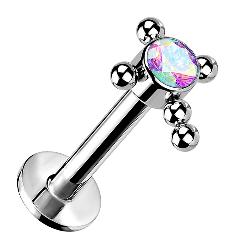 Beaded Cross Rainbow Aurora CZ Titanium Threadless Labret - Mrs Treak