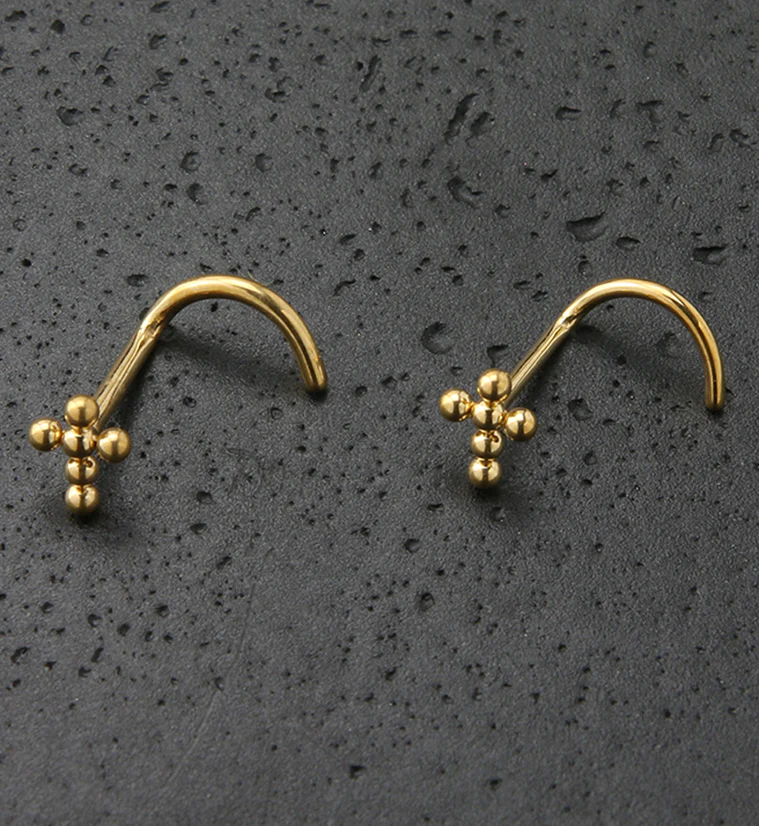 Gold PVD Beaded Cross Titanium Nose Screw - Mrs Treak