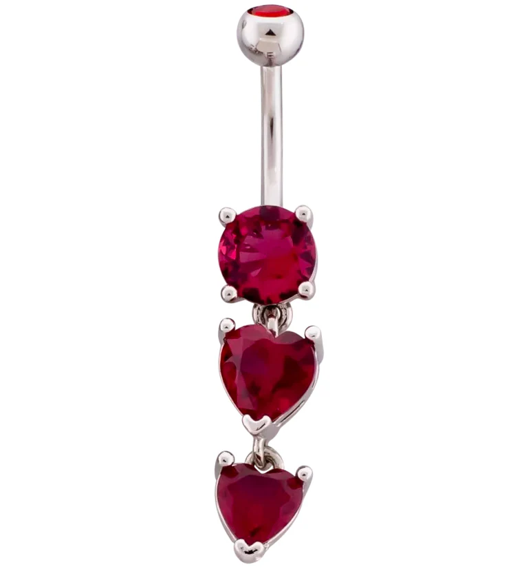 Double Pink Heart CZ Dangle Stainless Steel Belly Button Ring - Mrs Treak