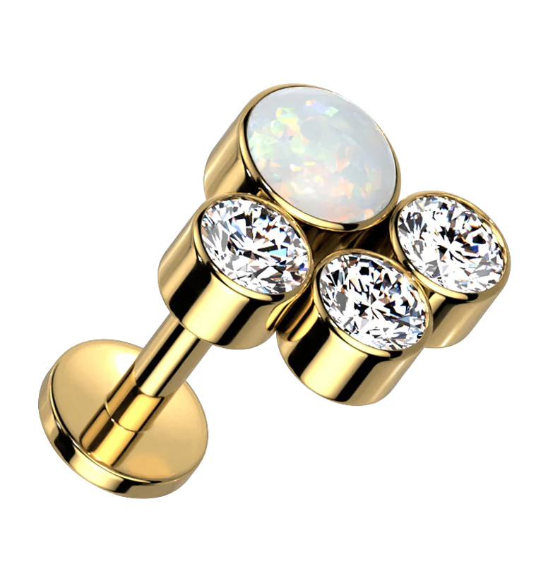 Gold PVD Array White Opalite Clear CZ Titanium Internally Threaded Labret - Mrs Treak