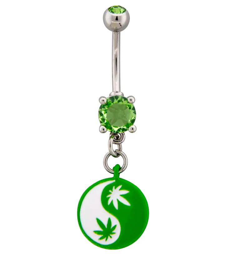Yin Yang Hemp Leaf Green CZ Stainless Steel Belly Button Ring - Mrs Treak