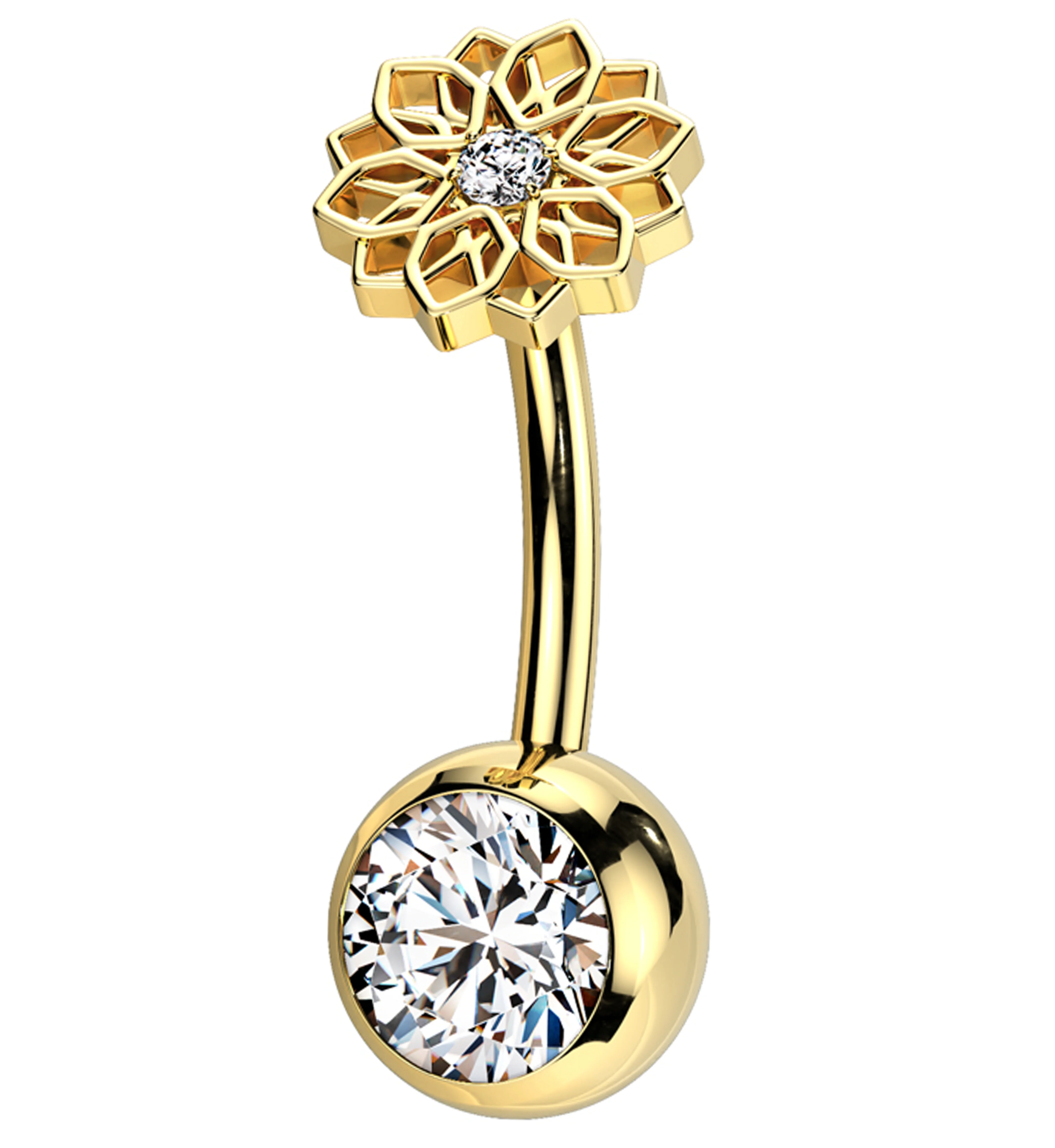 Gold PVD Mandala Flower Clear CZ Titanium Threadless Belly Button Ring - Mrs Treak