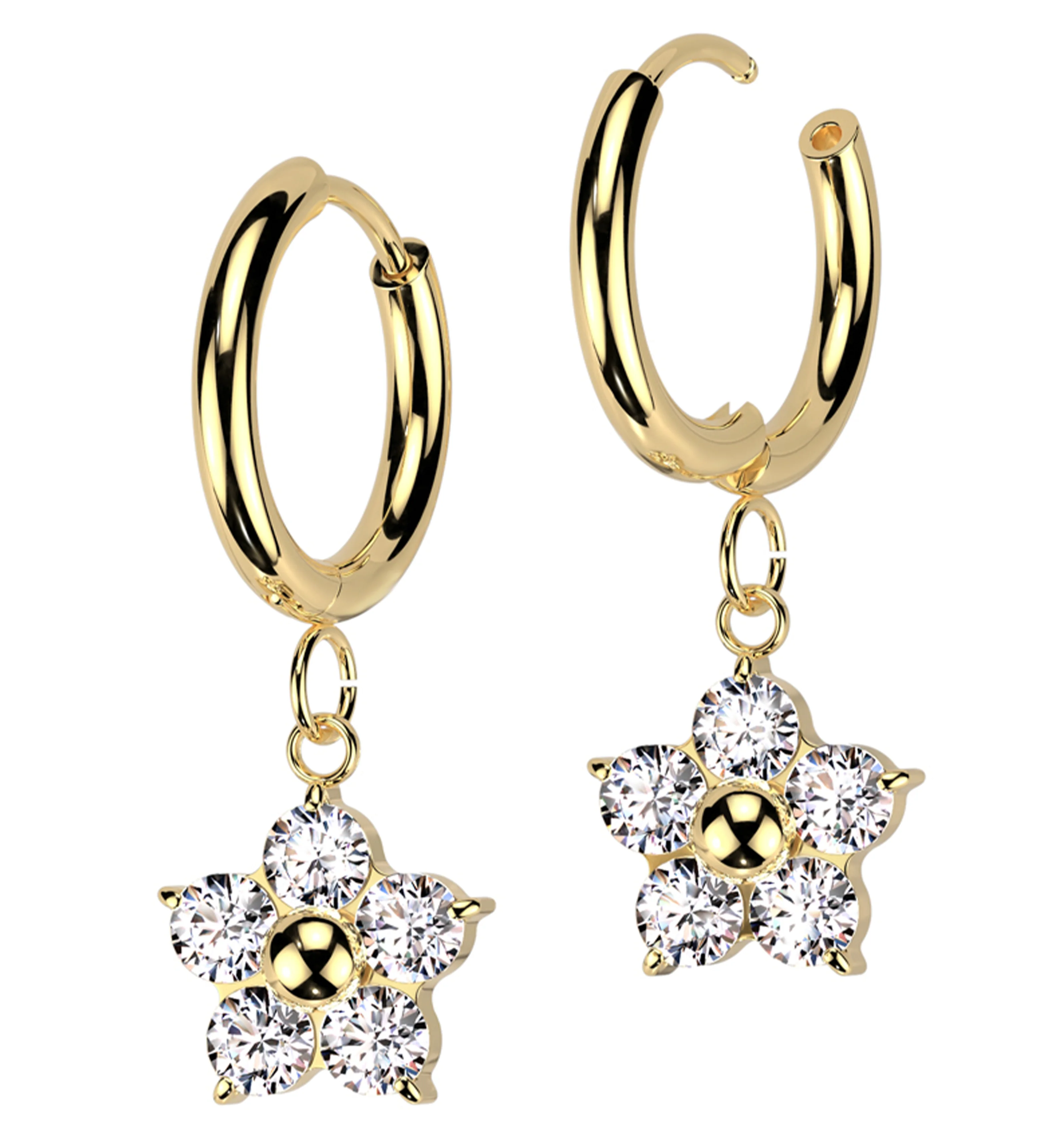 Gold PVD Flower Dangle Clear CZ Stainless Steel Hoop Earrings - Mrs Treak