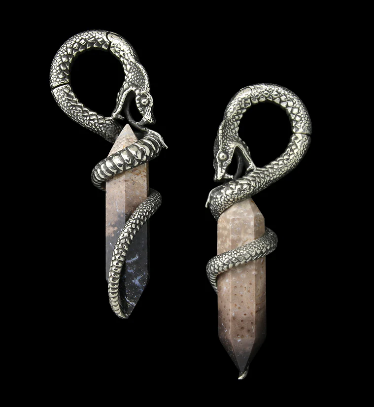 Black Flame Petrified Palm Root Cobra White Brass Hinged Ear Weights - Mrs Treak