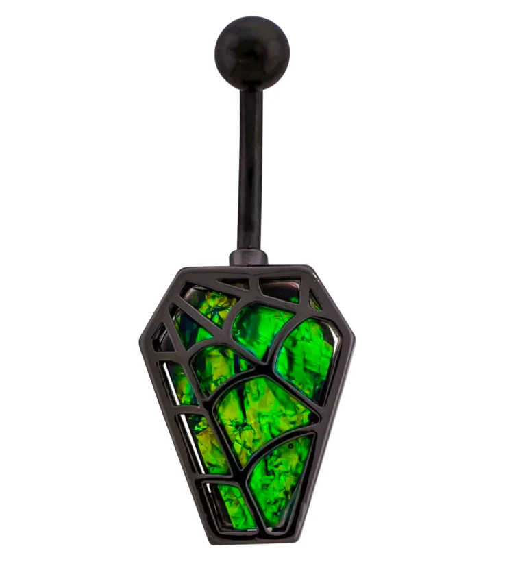 Black PVD Spiderweb Coffin Iridescent Green Stainless Steel Belly Button Ring - Mrs Treak