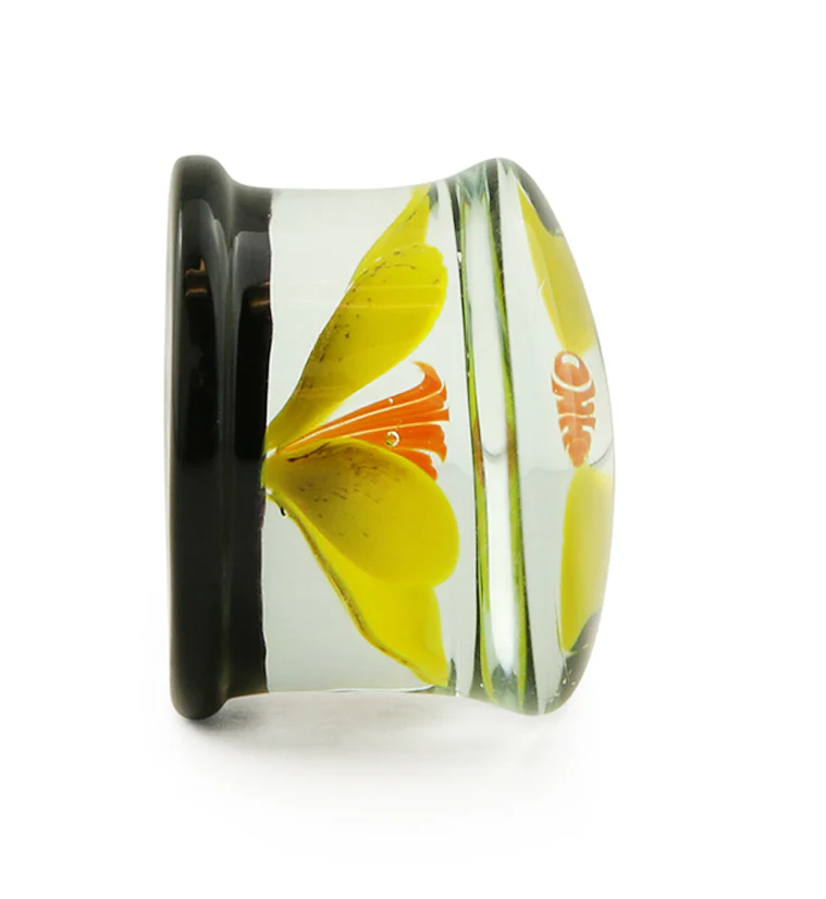 Yellow Poppy Flower Black Glass Double Flare Plugs - Mrs Treak