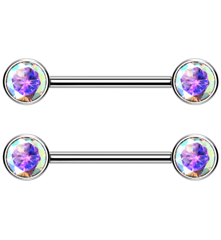 Dual Bezel Rainbow Aurora CZ Titanium Threadless Nipple Ring Barbell - Mrs Treak