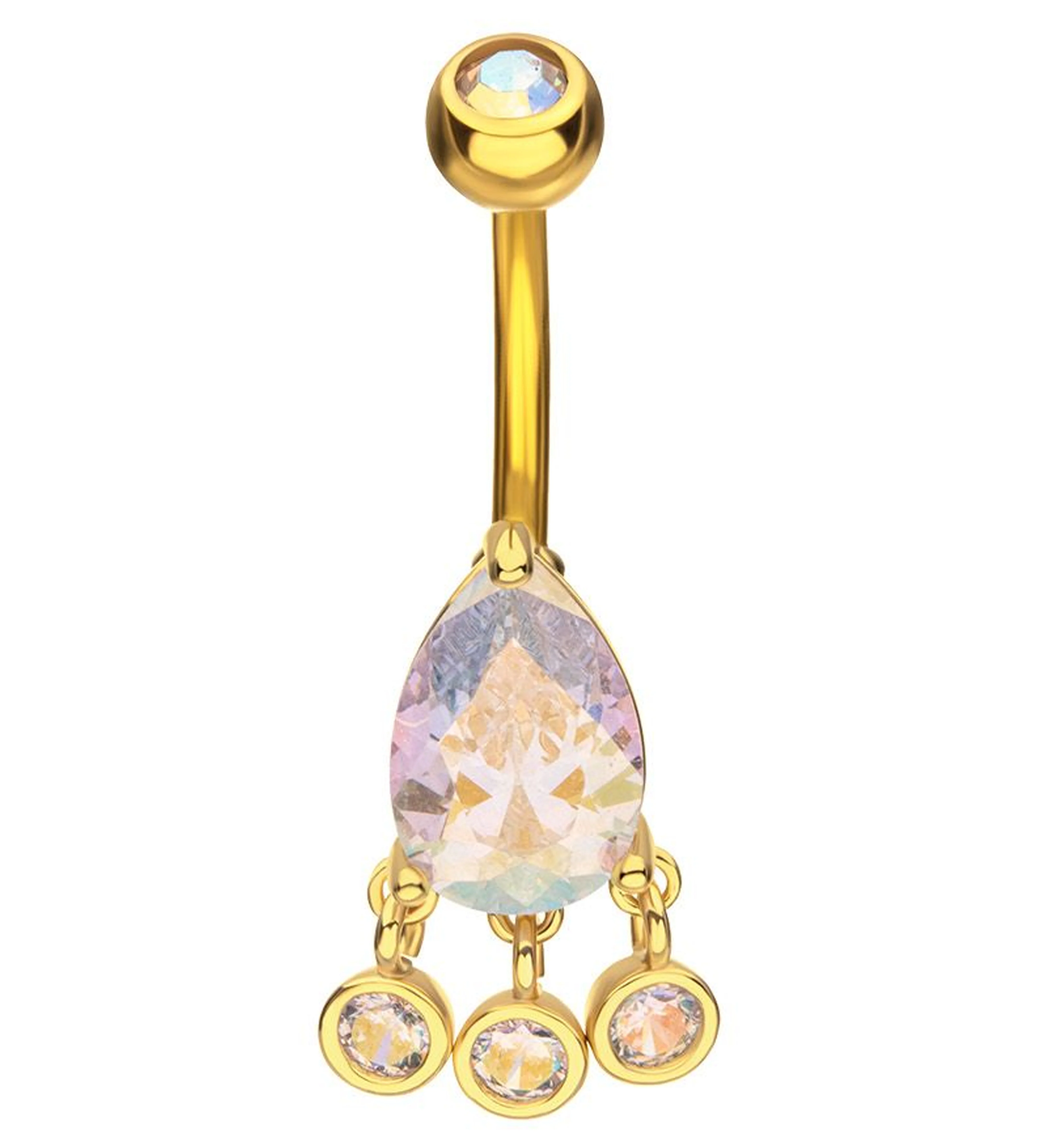 Gold PVD Teardrop Rainbow Aurora CZ Triple Bezel Dangle Stainless Steel Belly Button Ring - Mrs Treak