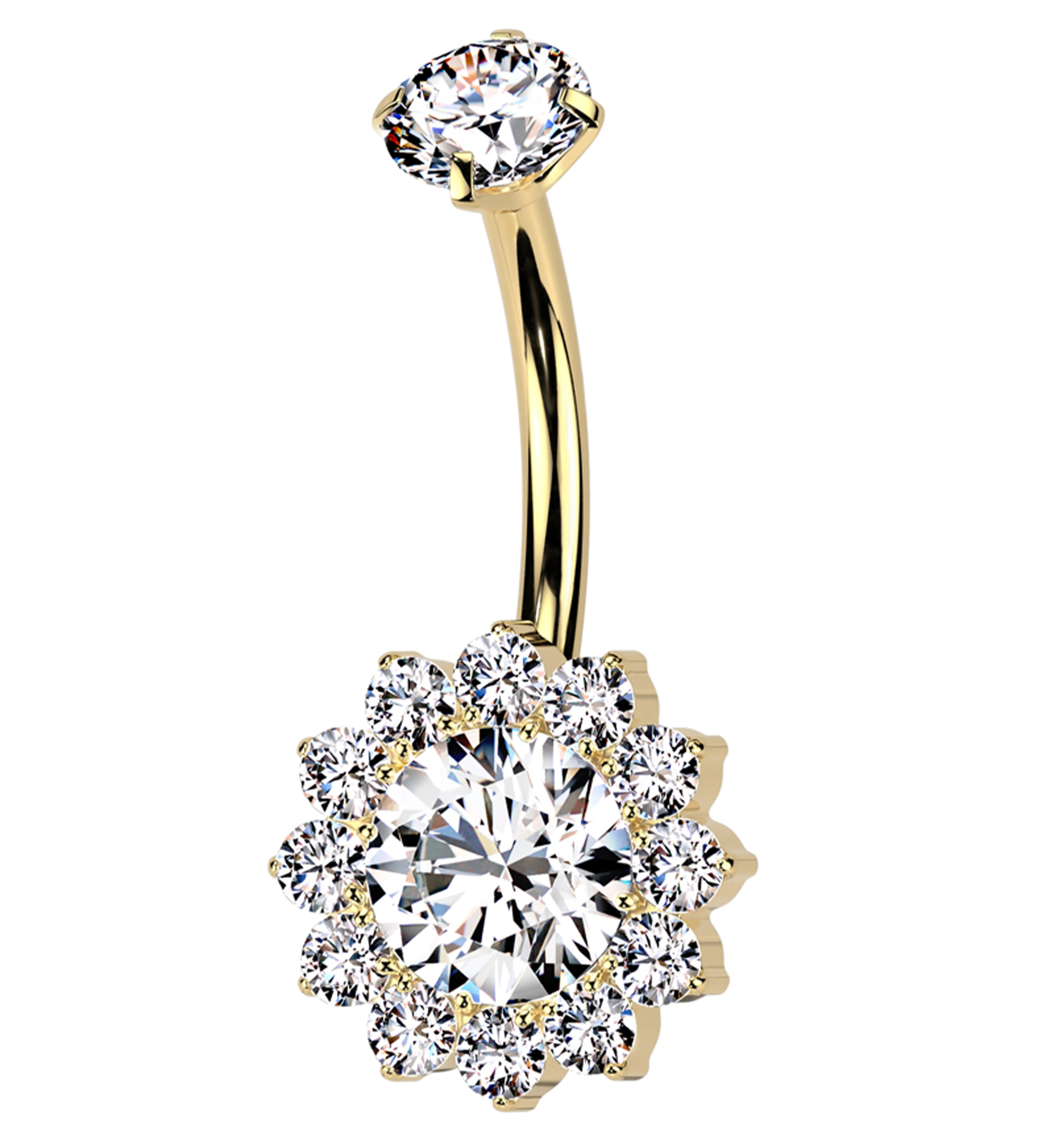 Gold PVD Clear CZ Bold Flower Titanium Internally Threaded Belly Button Ring - Mrs Treak
