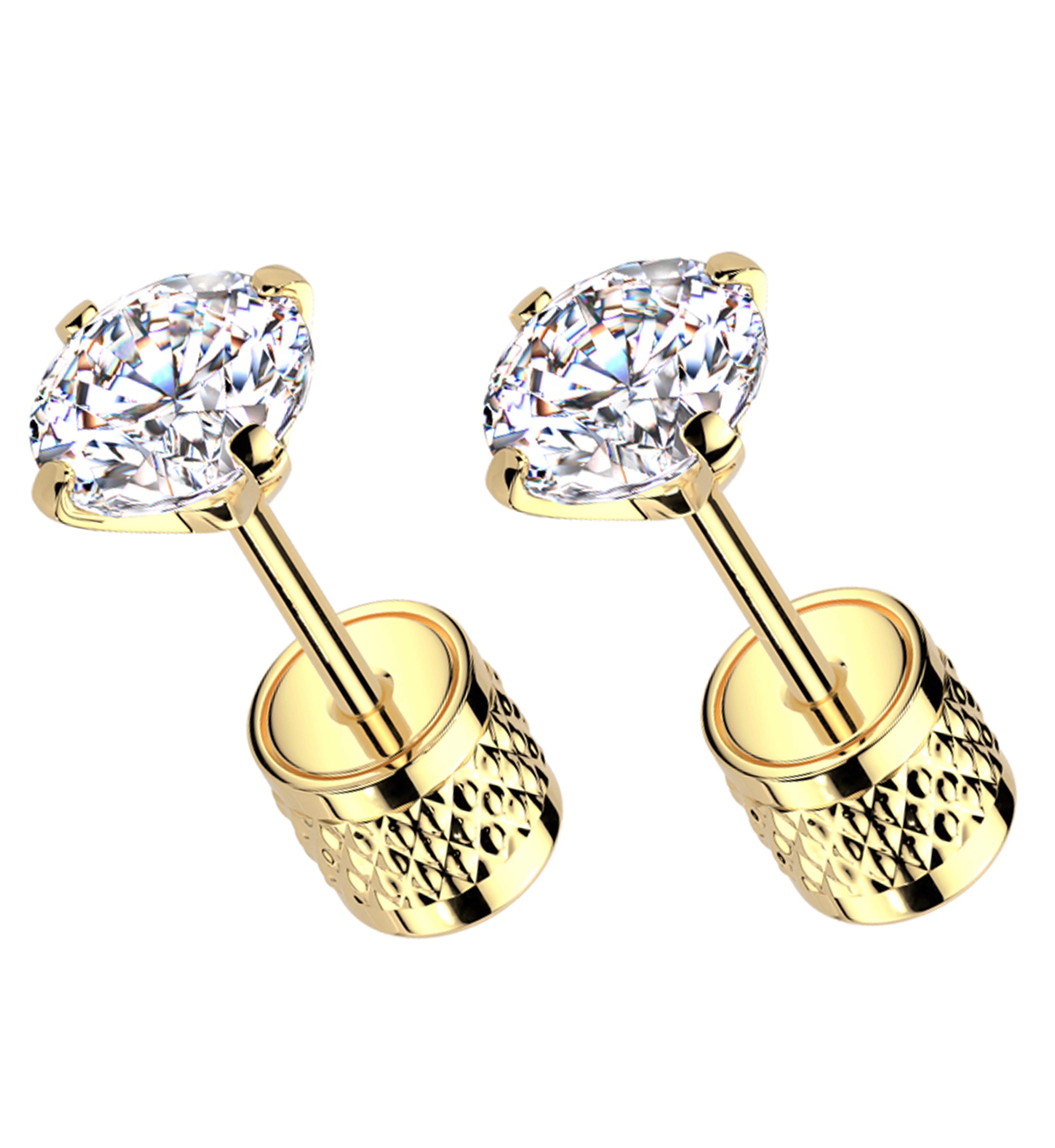 Gold PVD Prong Clear CZ Stainless Steel Textured Cylinder Back Stud Earrings - Mrs Treak